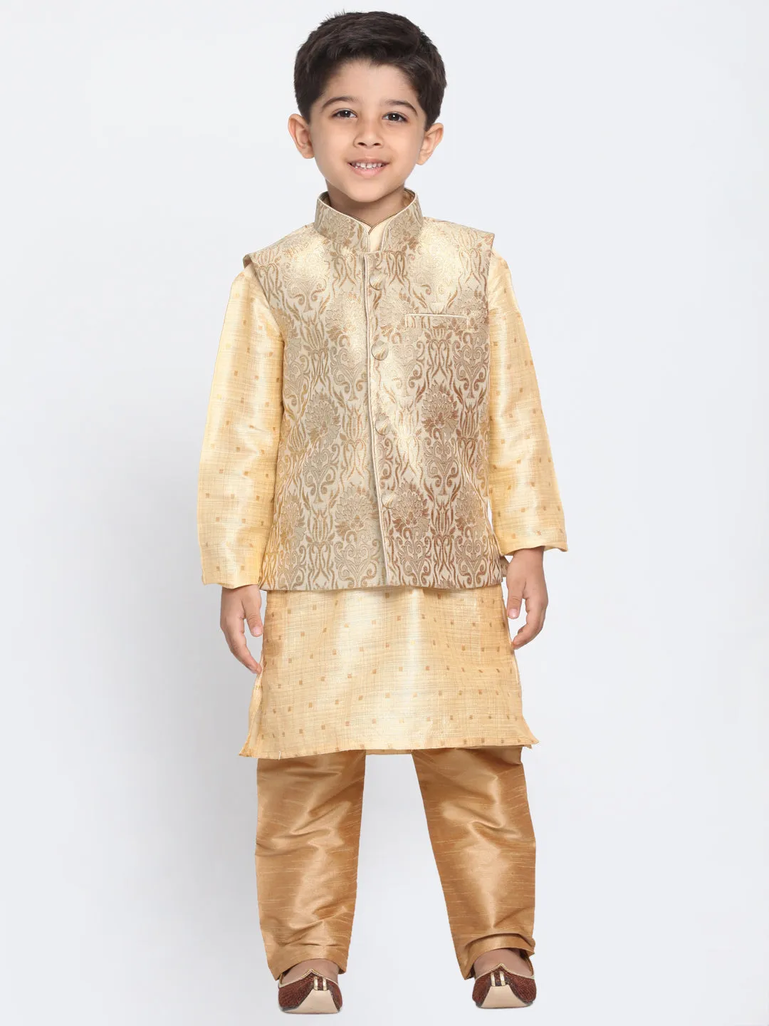 Vastramay Silk Blend Rose Gold and Gold Baap Beta Jacket Kurta Pyjama set