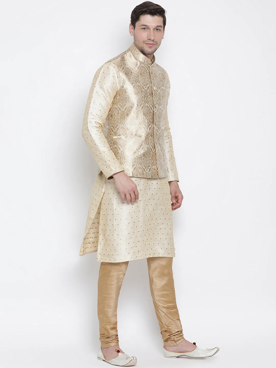 Vastramay Silk Blend Rose Gold and Gold Baap Beta Jacket Kurta Pyjama set