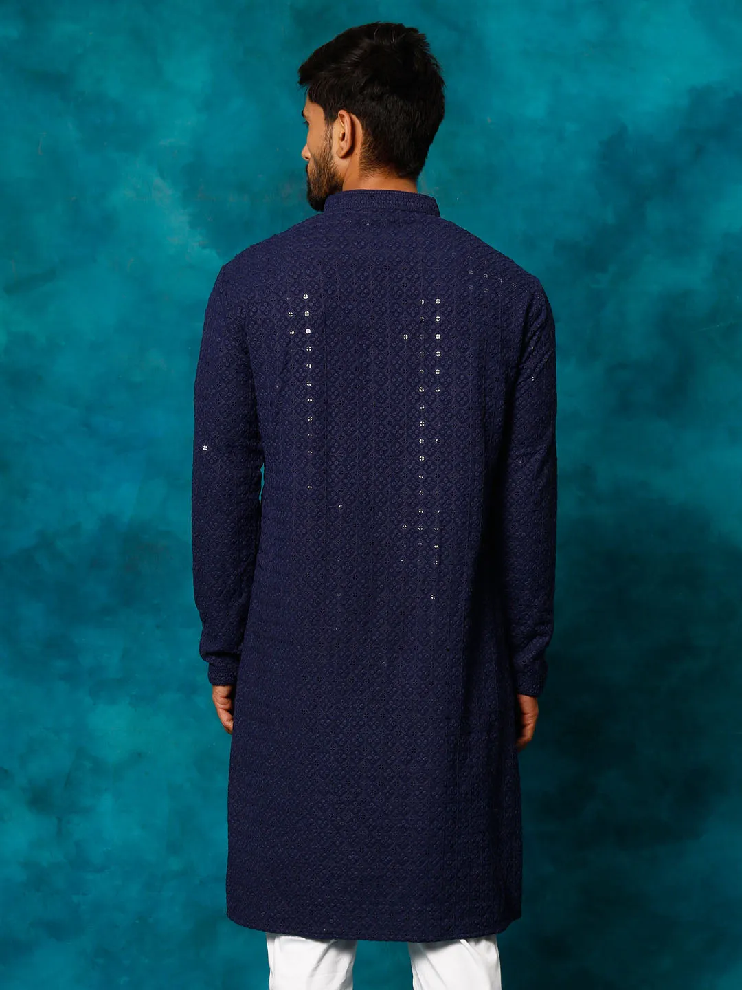 VM By VASTRAMAY Men's Navy Blue Rayon Schiffli Kurta