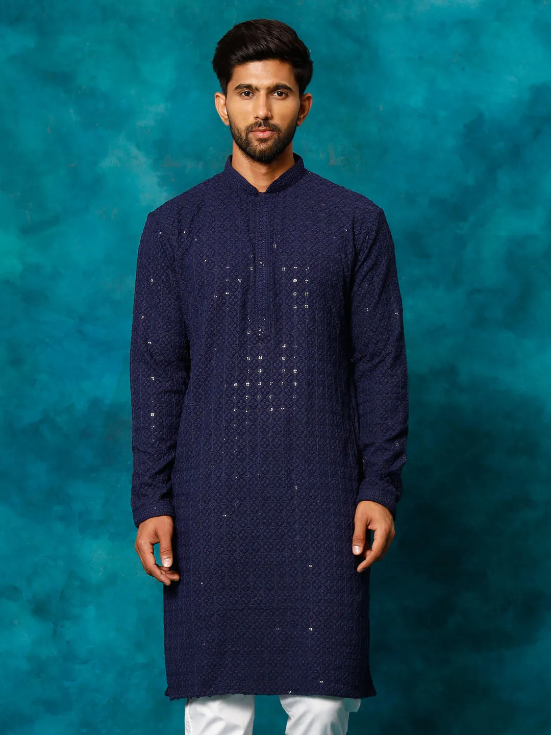 VM By VASTRAMAY Men's Navy Blue Rayon Schiffli Kurta