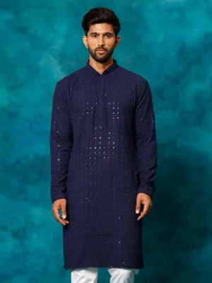 VM By VASTRAMAY Men's Navy Blue Rayon Schiffli Kurta