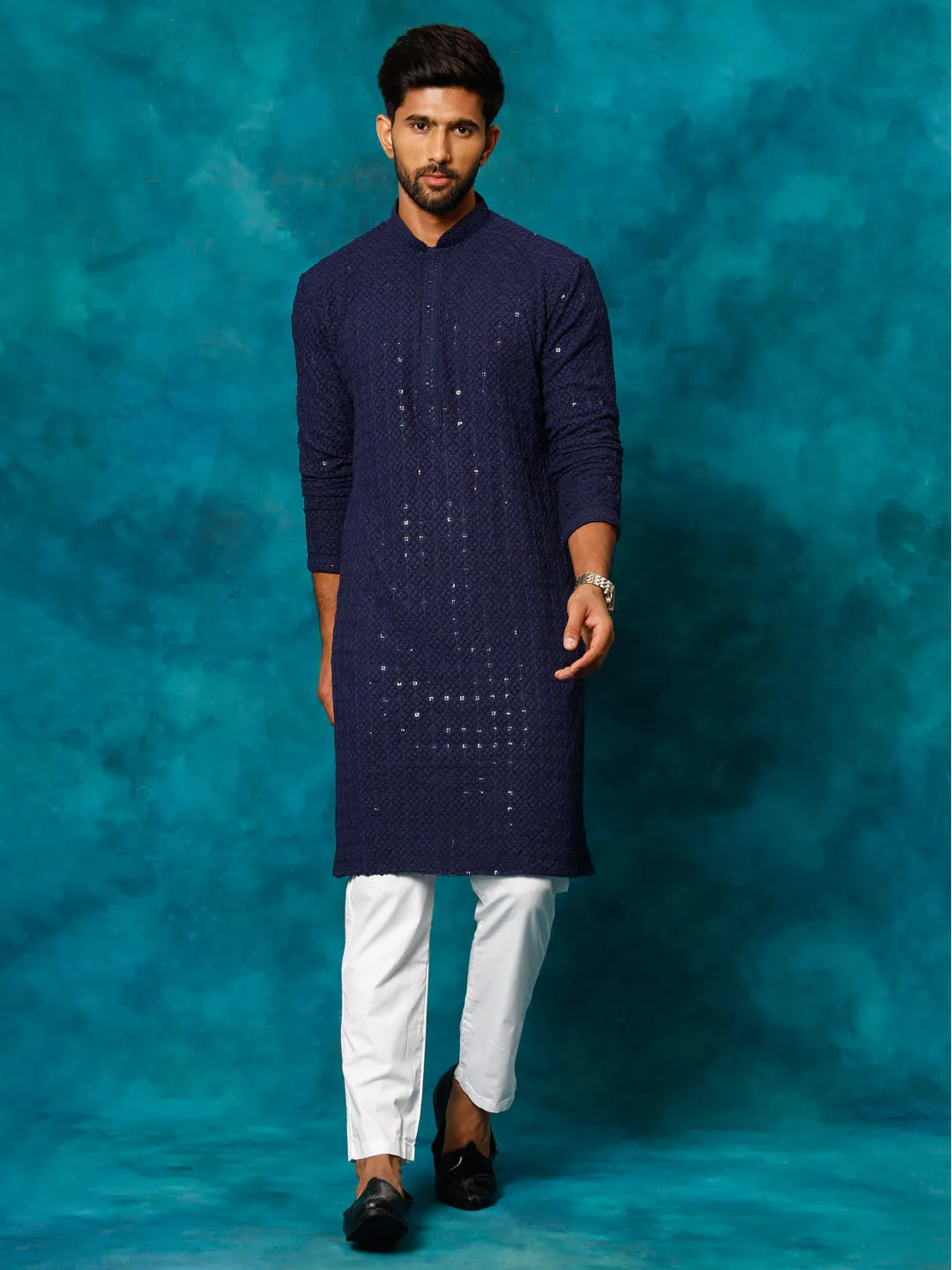 VM By VASTRAMAY Men's Navy Blue Rayon Schiffli Kurta